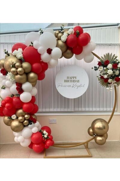 MERİ PARTİ 100 Adet Balon Ve Balon Zinciri Kırmızı Beyaz Ve Gold Krom Balon D...