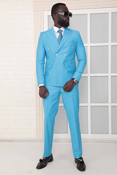 Dewsa Plus Sivri Yaka Metal Düğmeli Çift Yırtmaç Slim Fit Düz Turkuaz Kruvaze...