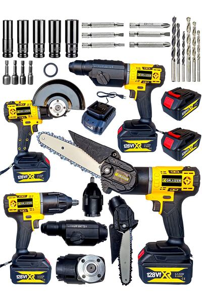 Graizer Alman 128 Vf 4 Başlıklı Set Akülü Vidalama Dal Budama Somun Sıkma Taş...