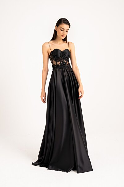 Lenta Moda Siyah Işlemeli Dantel Detaylı Saten Abiye Ve Gece Elbisesi