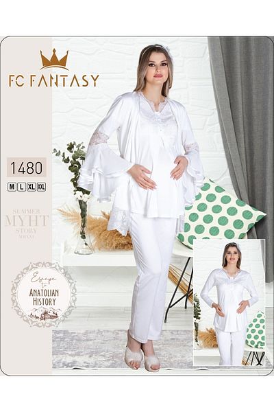 Fantasy Fc 1115 Irene Ecru Color Winter Long Sleeve Maternity Pajamas Set with Dressing Gown