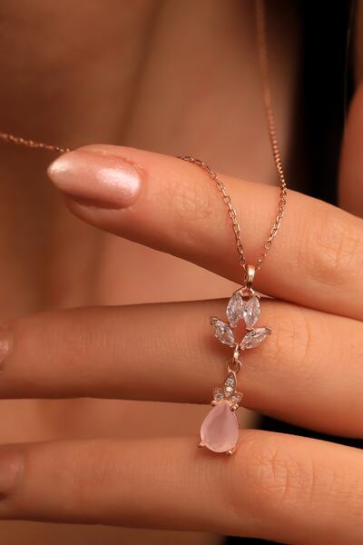 LINTERNA 925 Ayar Gümüş Gül Kuvars Damla Taşlı Kolye