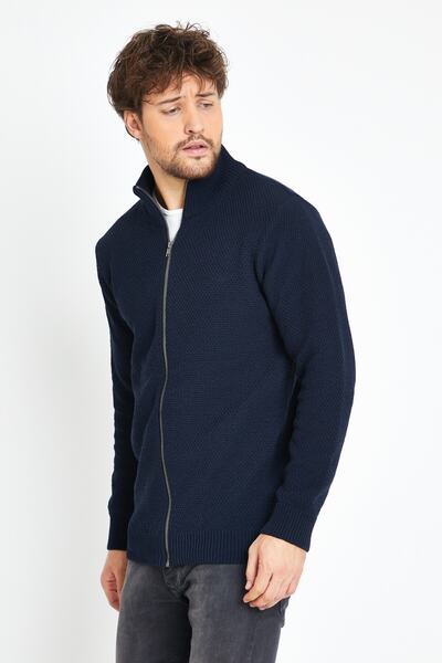 Matte Monaco Navy Blue Zippered Knitwear Sweater Cardigan