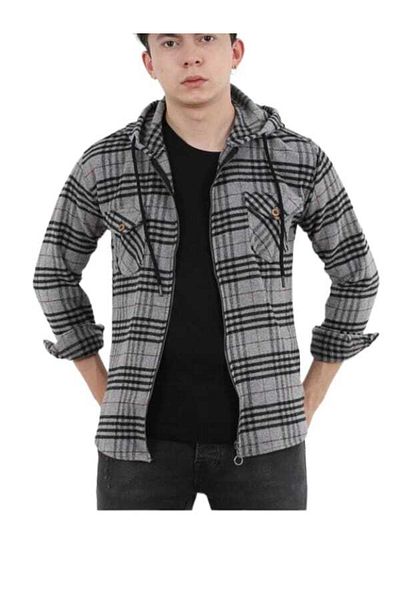 Factor Men's Gray Plaid Hooded Zippered Coat Type Lumberjack Shirt F6202