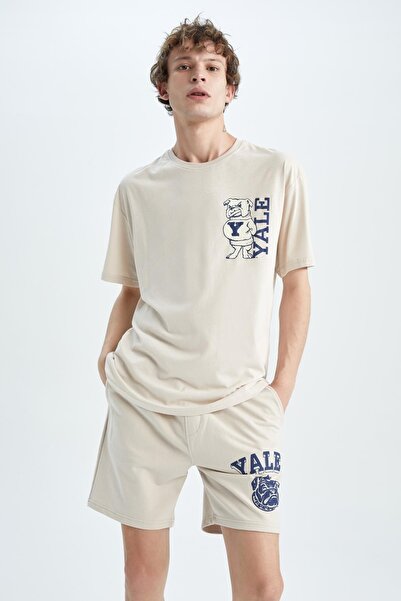 DeFacto Μπλουζάκι Yale University Boxy Fit Crew με στάμπα 100% βαμβακερό μπλουζάκι