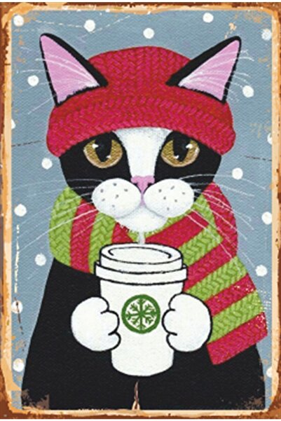 Hayat Poster Pisica care bea cafea cu eșarfă Poster retro din lemn