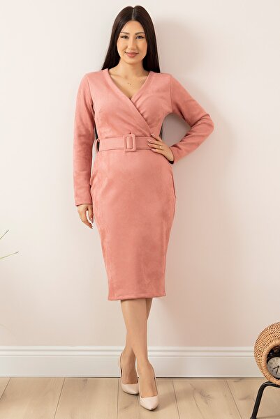 PULLIMM Süet Kruvaze Yaka Kemerli Elbise 13407