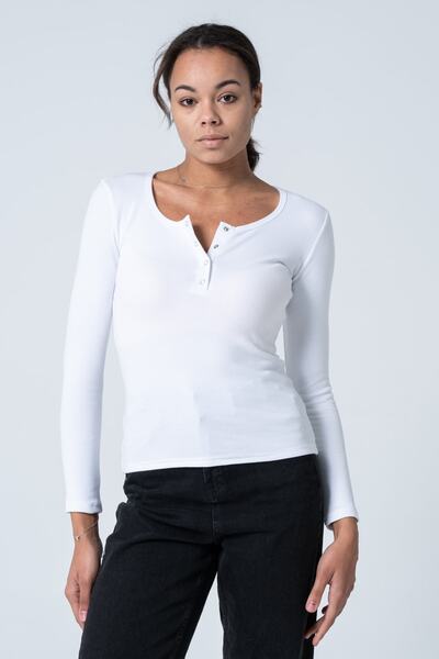 PUNKY CAT Women's White Snap Fastener Knitted Long Sleeve Blouse