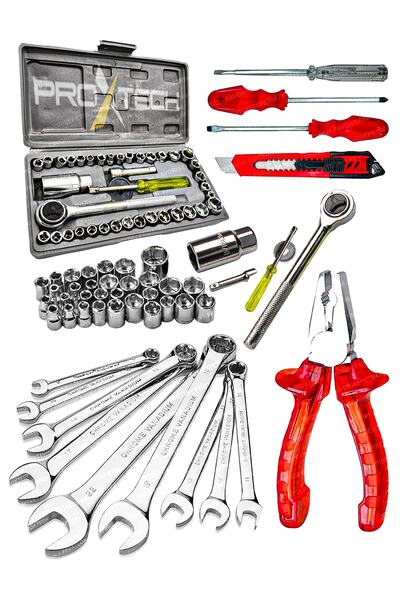 PROXTECH 57 Parça Krom Çelik 40 Parça Cırcırlı Lokma 12 Kombin Anahtar Pense,tornavida Kontrol Kalemi Ful Set