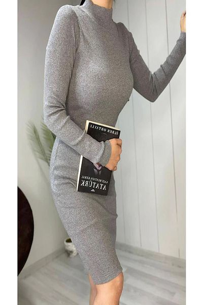buğlem collection Γυναικείο μακρυμάνικο μισό ψαράδικο φόρεμα με ραβδώσεις πάνω από το γόνατο