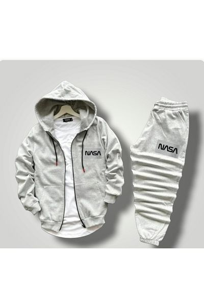 ELSİ Hand-si Gray Color Nasa Written Hooded Unisex Tracksuit Set