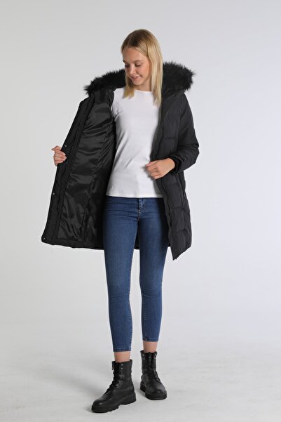 PIQUE Παλτό Γυναικείο παλτό με κουκούλα με γούνα με ραβδώσεις