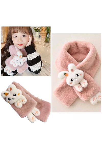 QUEEN AKSESUAR New Fashion Cute Toy Rabbit 1-15 Years Old Children Furry Plush Cashmere Scarf Neck Collar Dark Powder Pink