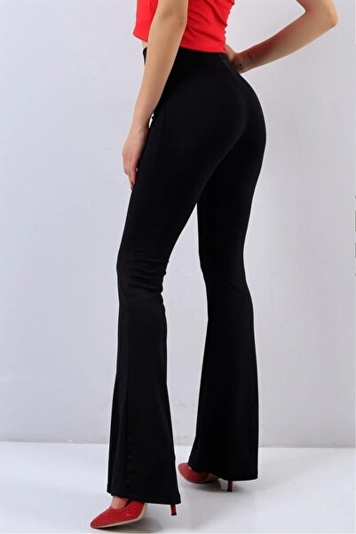 Swana Kadın Siyah Dalgıç Kumaş Bir Beden Inceltici Görünüm Sağlayan Ispanyol Paça Pantolon