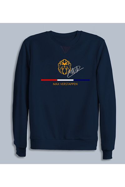 Efendioğlu Design Max Verstappen Signature Logo Printed Formula 1 F1 Crew Neck Navy Blue Sweatshirt