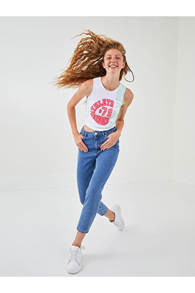 MAKRAS EXCLUSIVE A114019 Mavi Yüksek Bel Mom Jeans Beden Büyük Alın Dar Paça Kot Pantolon
