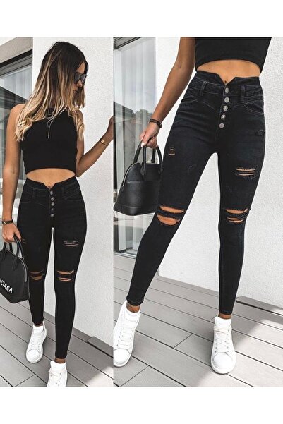 JANES talie înaltă Blugi cu nasturi și detalii rupte, 92 cm