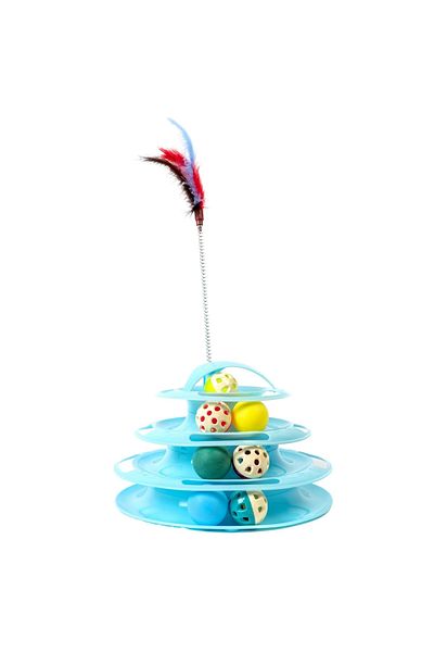 Glipet Tower Of Tracks 4-Layer Round Cat Toy with 7 Balls and Feathers 24 X 13 Cm Turquoise