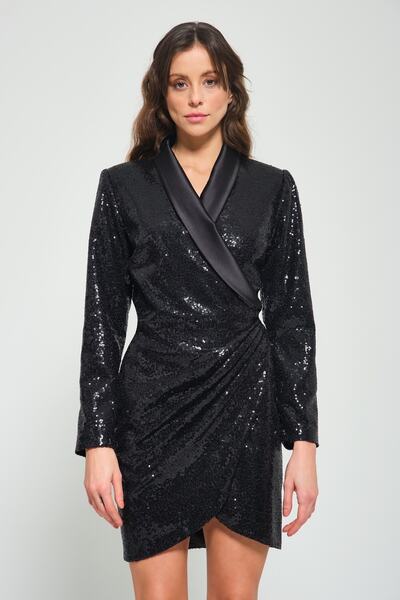 TARA COŞKUNTUNCEL Siyah Payet Saten Şal Yaka Anvelop Ceket Elbise