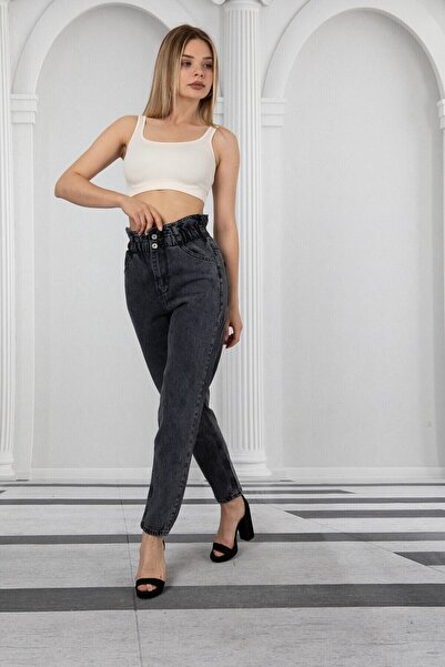 MAKRAS EXCLUSIVE A123786 Anthracite Elastic Waist High Waist Mom Jeans Drawstring Waist Jeans