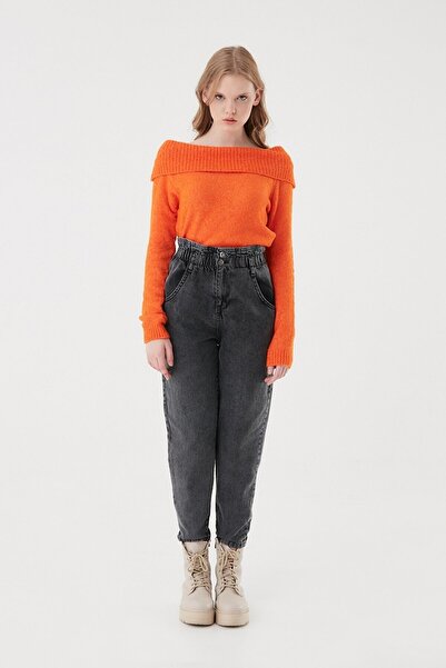 MAKRAS EXCLUSIVE A145139 Washable Elastic Waist Mom Jeans Anthracite High Waist Drawstring Jeans