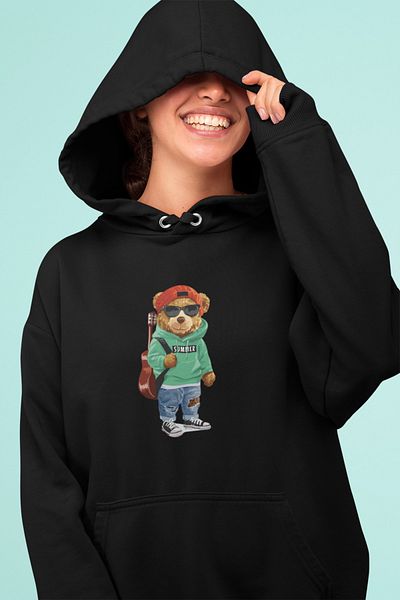 Advantage Women's Black Teddy Bear Teddy Bear Printed Hooded Sweatshirt