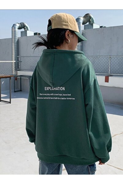 AFROGİYİM Women's Green Exploration Printed Three Thread Fleece Hoodie