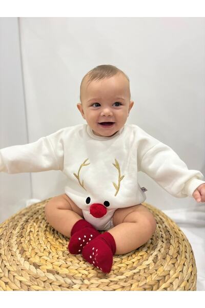 Alingo Baby Unisex Red Pompom Ecru Sweatshirt Romper