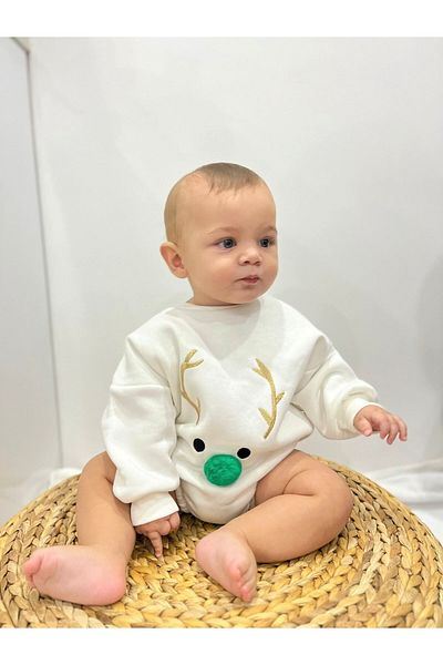 Alingo Baby Unisex Green Pompom Ecru Sweatshirt Romper