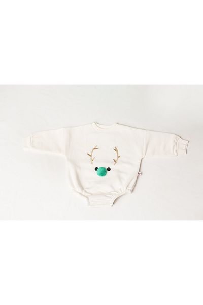 Alingo Baby Unisex Green Pompom Ecru Sweatshirt Romper