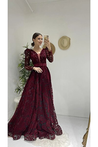 Genel Markalar Bordo Flog Baskı Kemerli Abiye Elbise