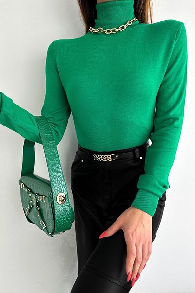 FEMELLE Pulover de damă, verde, cu gât roșu, subțire, tricotaj de bază