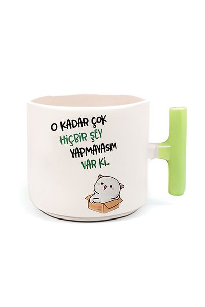 GünayStore Double Turkish Coffee Cup & Espresso Mochi Cat Motto Green Handle T Handle 200 Ml