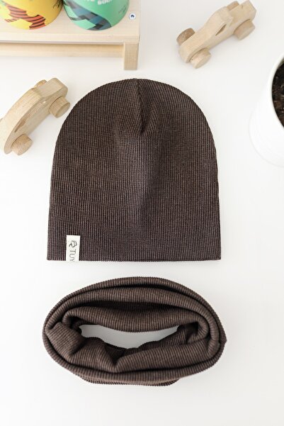 Doğan Collection Bitter Brown Ribbed Beanie Neck Collar Set