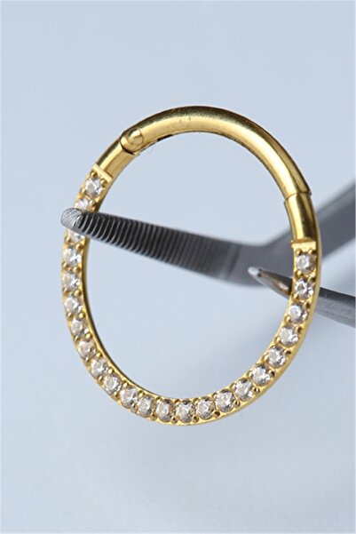 HD PİERCİNG Yanı Taşlı Gizli Kilit Büyük Boy Halka Gold Piercing