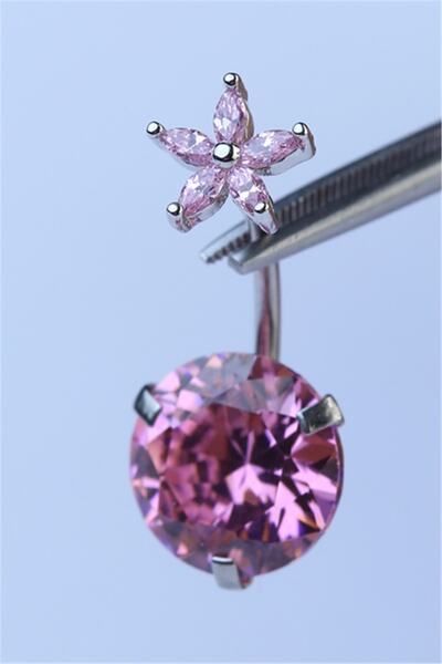 HD PİERCİNG Çiçekli Pembe Taş Göbek Silver Piercing