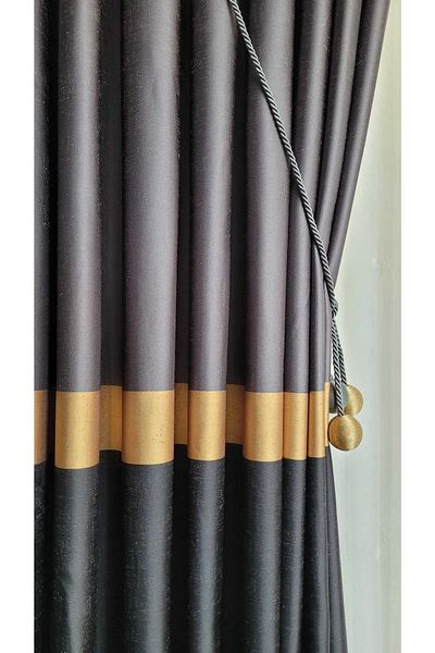 Yuka Slub Milano Adde Panel Background Curtain Dark Gray Black Gold Striped Single Wing Closely Pleated 80 X 260