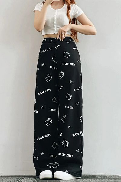 Gofeel Black Colored Hello Kitty Collage Unisex Wide Leg Sweatpants