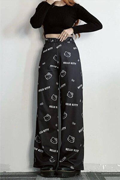 Gofeel Black Colored Hello Kitty Collage Unisex Wide Leg Sweatpants