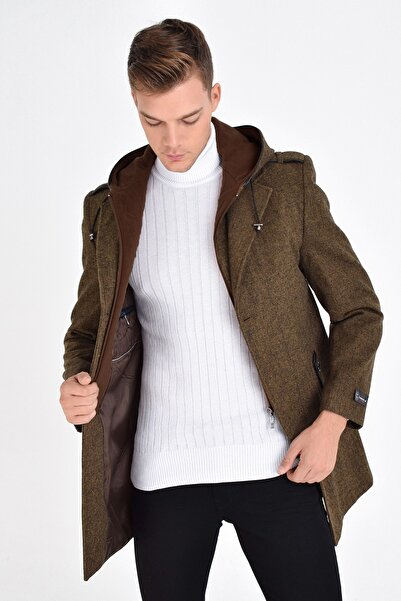 DYNAMO Мъжко кашмирено палто с цип и качулка от смесена вълна отпред и копчета