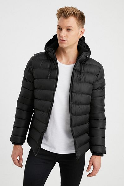 DYNAMO Men's Black Large Size Hooded Fleece Lined Thick Puffer Jacket