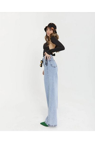 LAMİRA Pantaloni de damă, albastru zăpadă, cu talie înaltă, din lycra, flexibili, din denim Palazzo Fivu