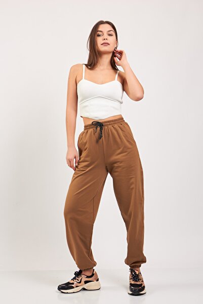 Moda Tuğram Штани з еластичною талією та штанинами Taba Oversize