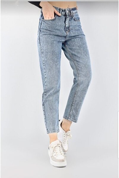 MAKRAS EXCLUSIVE High Waist Light Blue Mom Jeans - Snow Washed