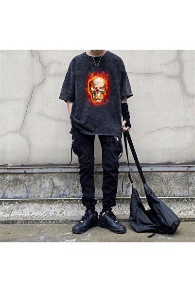 Touz Tricou unisex cu craniu în flăcări, lavabil, stil vintage, Eysa