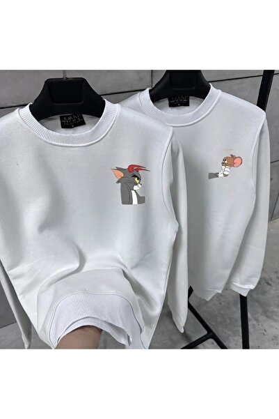 NewCabin سويت شيرت توم وجيري مطبوع برقبة دائرية باللون الأبيض للزوجين مكون من...