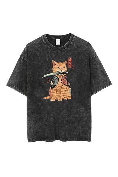 Touz Unisex Killer Cat Washable Vintage T-shirt