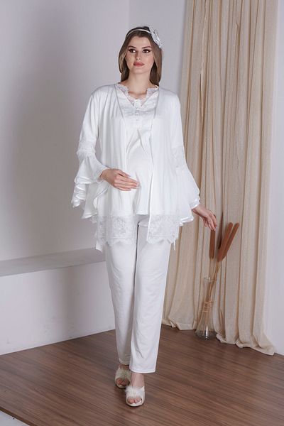 Fantasy Fc 1115 Irene Ecru Color Winter Long Sleeve Maternity Pajamas Set with Dressing Gown
