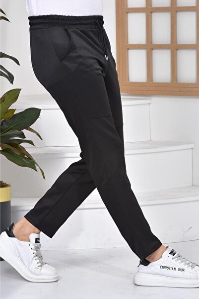 pandy Paris Baskılı Siyah Unisex Scuba Kumaş Slimfit Düz Jogger Outdoor Eşofman Altı