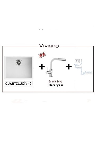 Vıvıano | | 1 Göz 40 X 50 Cm Tezgah Altı Beyaz Granit Evye + Spiralli Batarya...